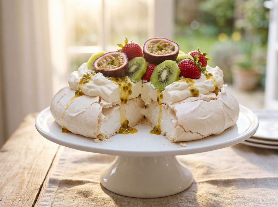 Pavlova on a cake stand, the meringue base cracked to show its marshmallow interior