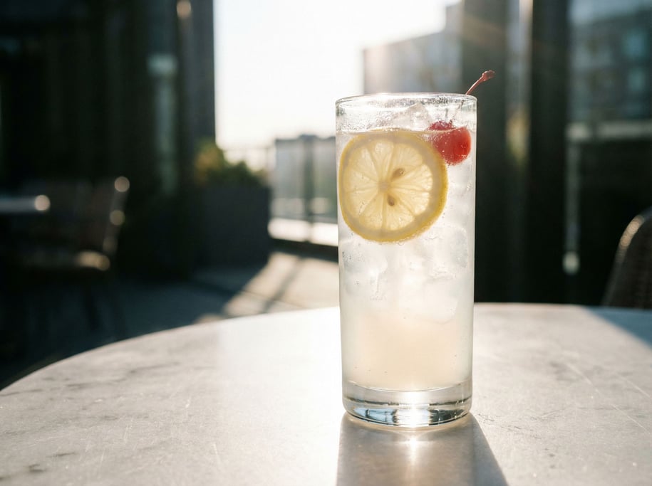 A Tom Collins in a tall frosted glass with ice, a lemon wheel, and a cherry