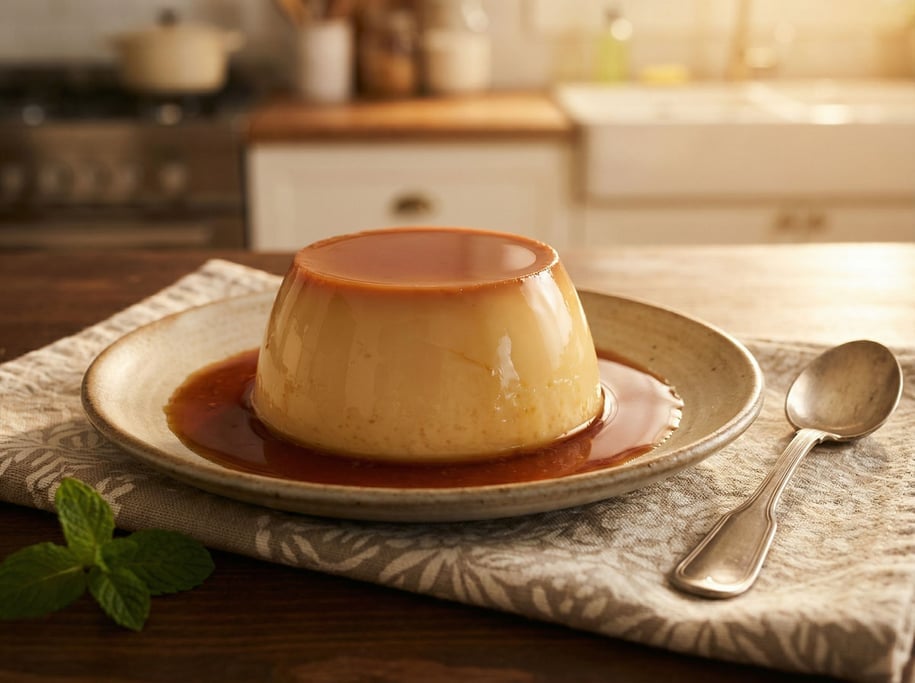 Flan unmolded on a plate, its smooth caramel-coated surface glistening