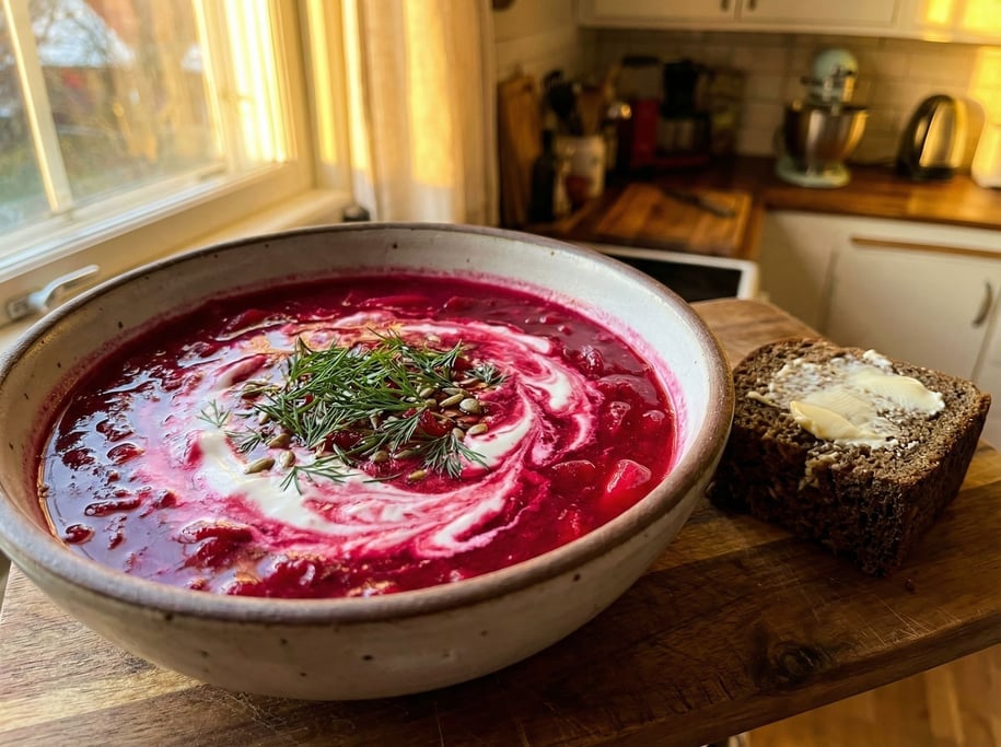 A bowl of borscht — the beet soup a vivid magenta-crimson