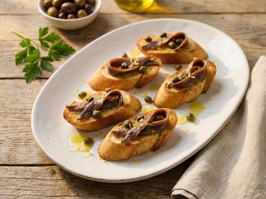 Anchovies draped over crostini on a ceramic plate, the salt-cured fillets a deep silver-brown
