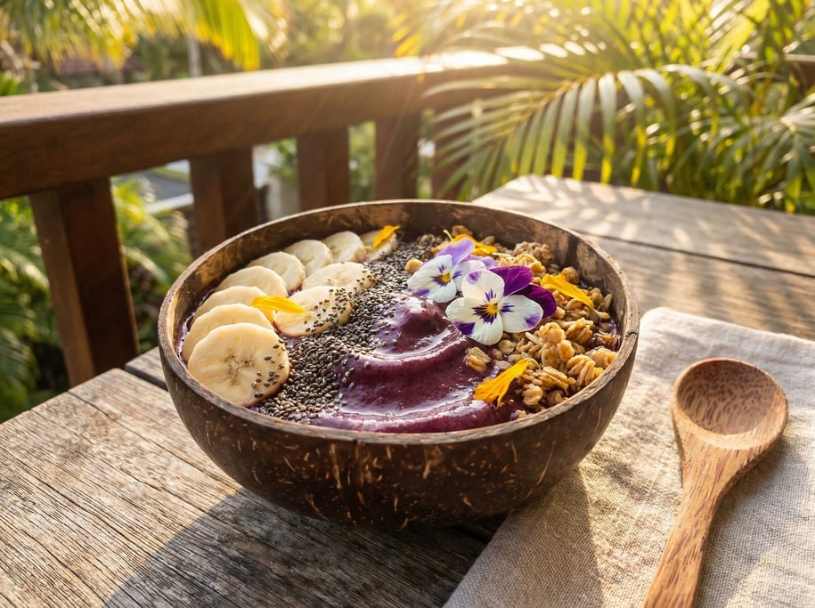 A smoothie bowl in a coconut shell — deep purple açaí blended thick, topped with sliced banana