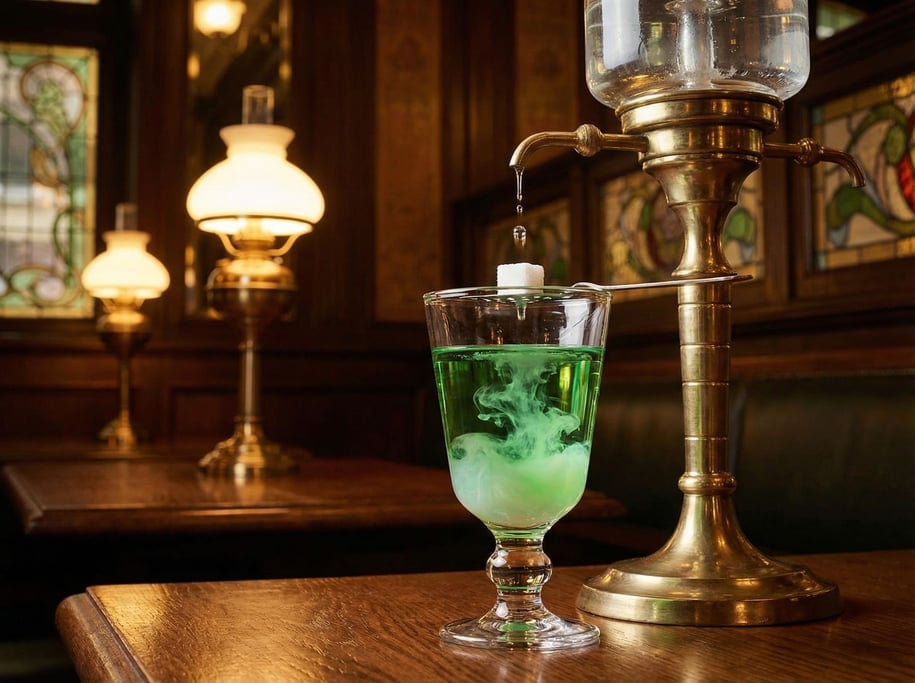 Absinthe served traditionally — the green spirit in a reservoir glass with a slotted spoon and sugar