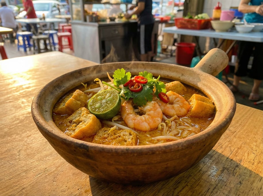 A laksa soup in a deep ceramic bowl, the coconut curry broth a rich orange with shrimp, tofu puffs