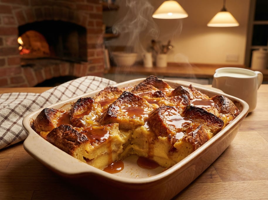 Bread pudding in a ceramic baking dish just from the oven