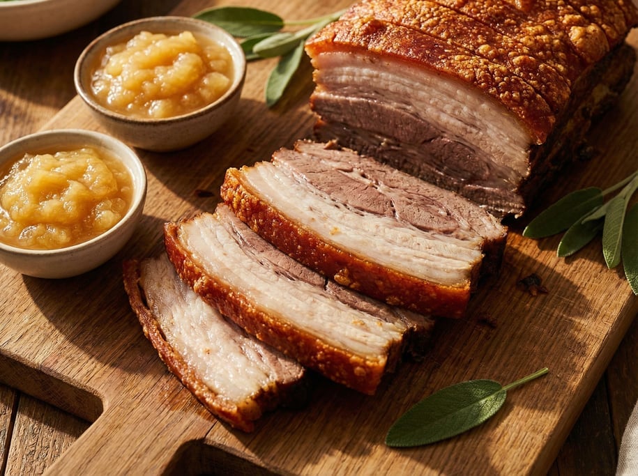 Pork belly sliced thick on a cutting board, the layers of crispy skin, fat