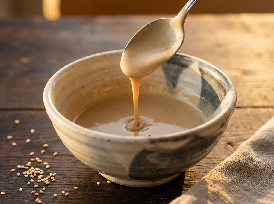 Tahini drizzled from a spoon into a small ceramic bowl