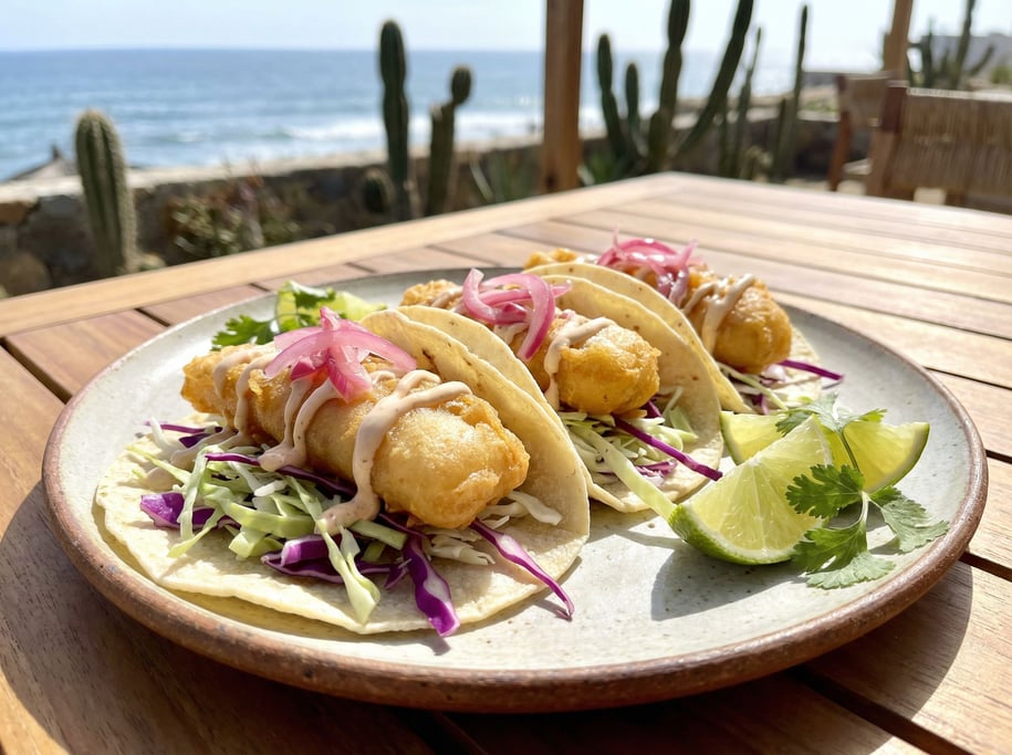 Fish tacos in soft corn tortillas on a ceramic plate, filled with battered and fried white fish