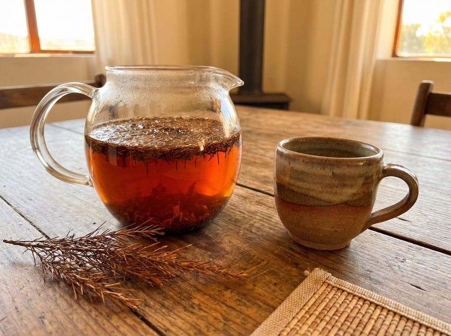 Rooibos tea steeping in a glass teapot, the reddish-amber liquid deepening in color