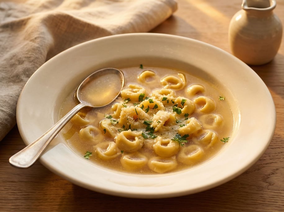 Tortellini in brodo — small ring-shaped pasta floating in a clear golden chicken broth in a wide sha