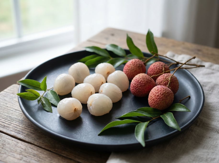 Lychees peeled and whole on a dark plate, the translucent white flesh of peeled ones glistening