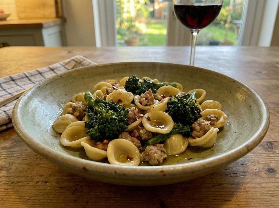 Orecchiette pasta with broccoli rabe and sausage in a shallow ceramic bowl