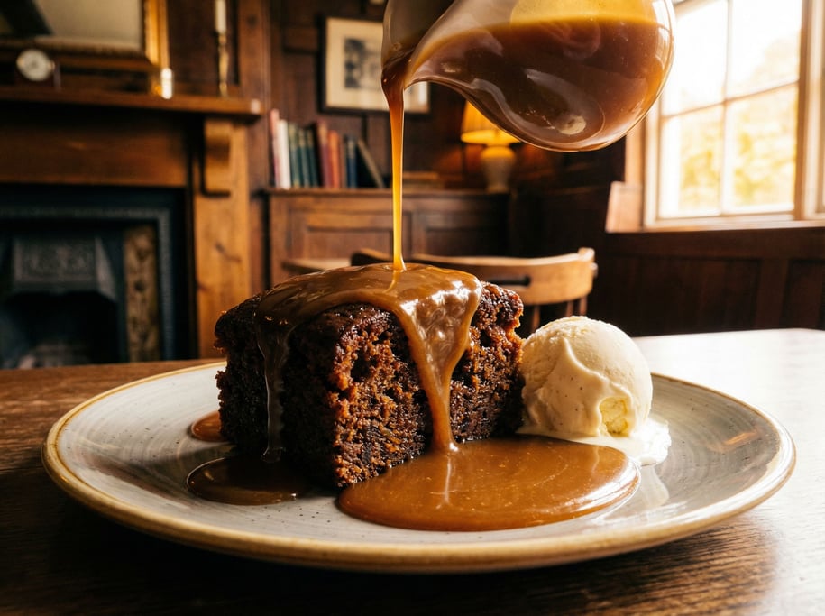 Sticky toffee pudding on a plate with a river of warm toffee sauce cascading over the dark sponge