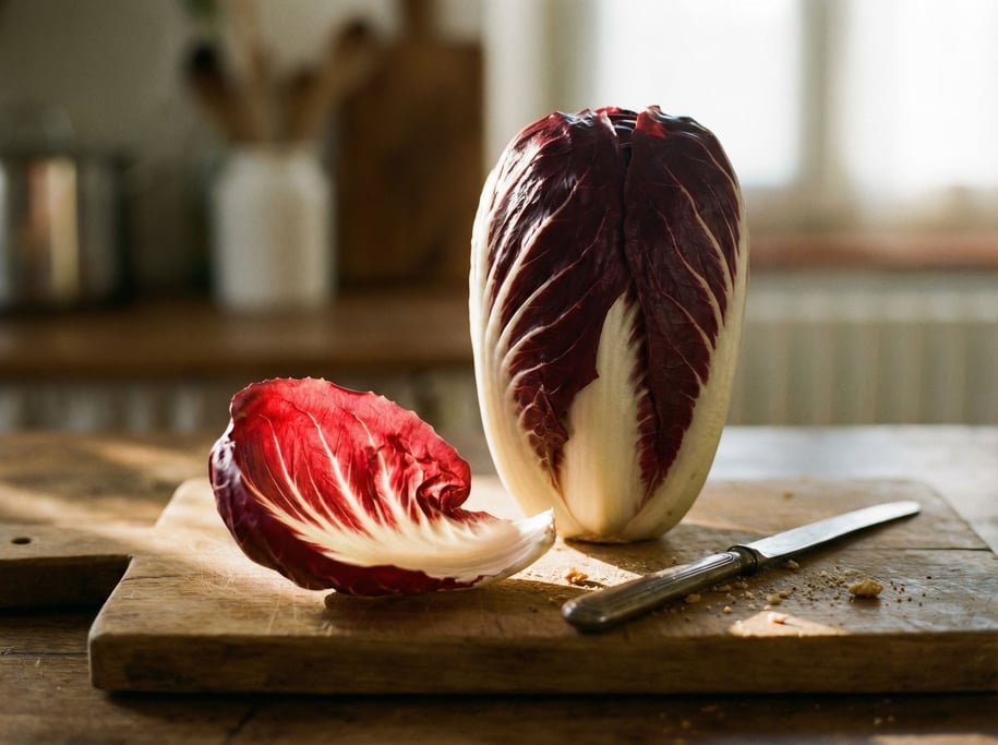 Radicchio — a whole head of Treviso variety with its elongated burgundy-red leaves and white ribs —