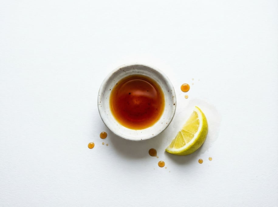 Ponzu sauce in a small ceramic dish with a wedge of yuzu beside it