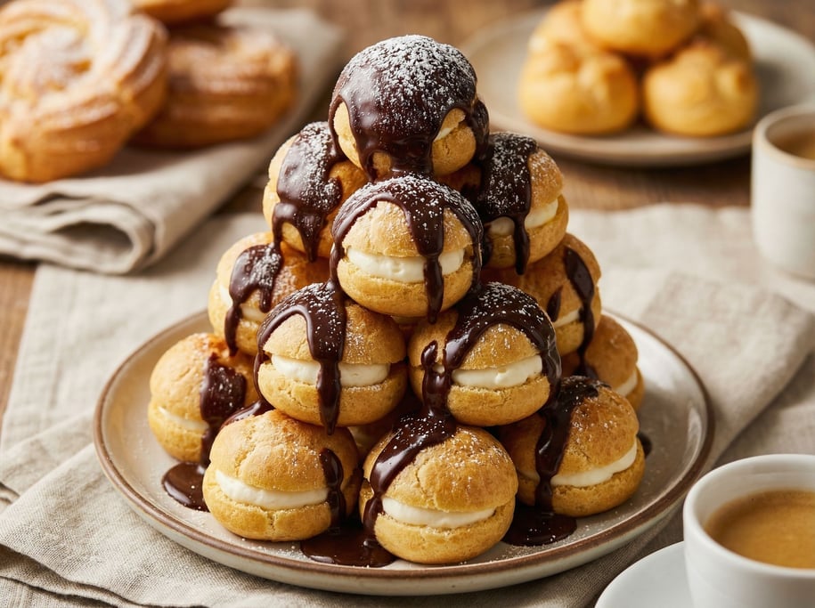Profiteroles stacked in a tower on a plate, the choux pastry puffs golden and round