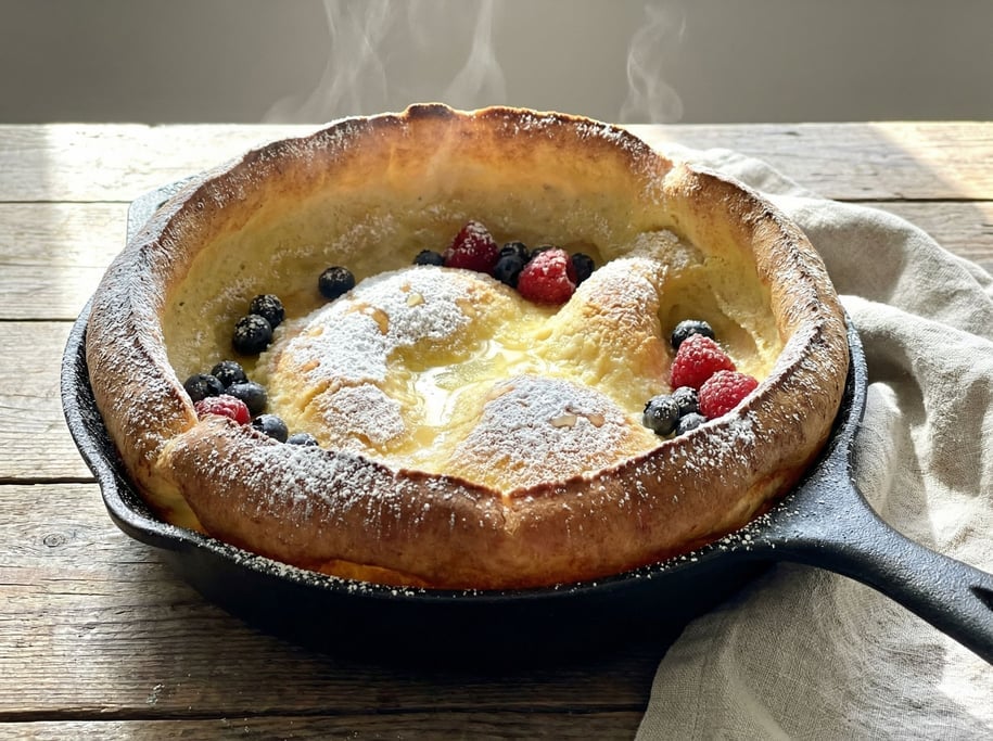 A Dutch baby pancake fresh from the oven in a cast-iron skillet
