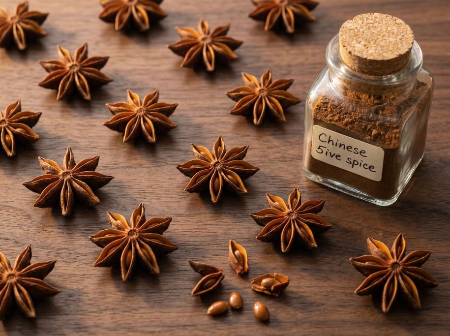 Star anise pods scattered on a dark wooden surface