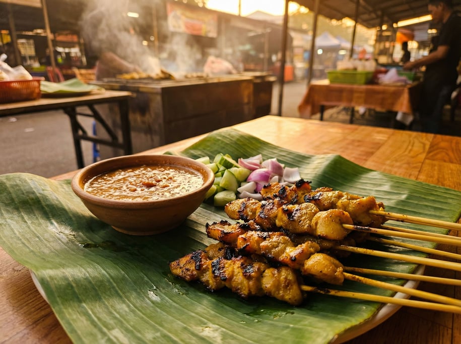 Satay skewers on a banana leaf — grilled chicken satay with charred edges and golden marinade