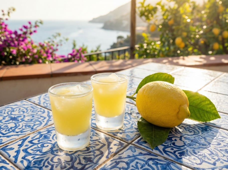Limoncello in small frosted glasses, the bright lemon-yellow liqueur opaque and icy