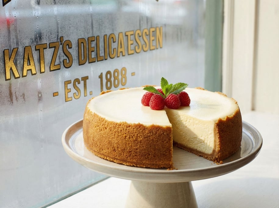 A cheesecake with a perfectly smooth top on a cake stand