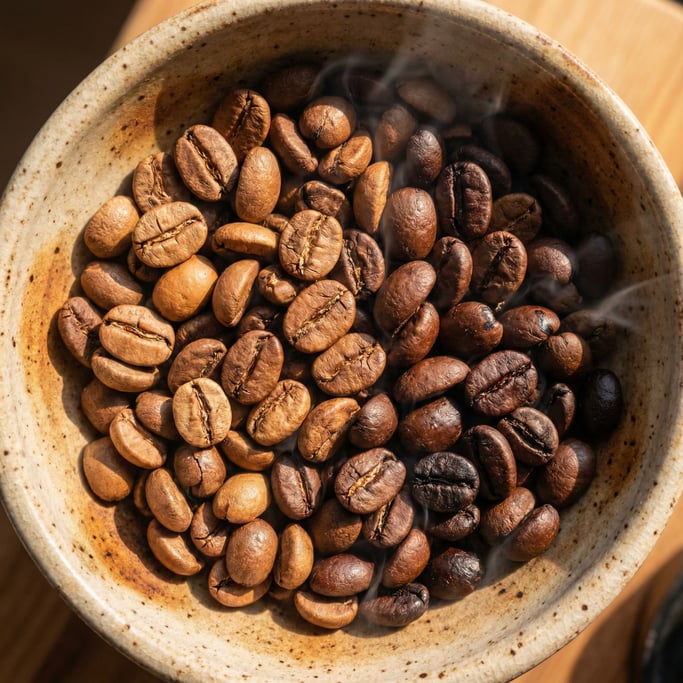 Overhead view of coffee beans mid-roast in a small ceramic dish