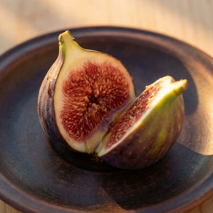 A single fig split open on a dark plate, the ruby-seeded interior exposed in cross-section