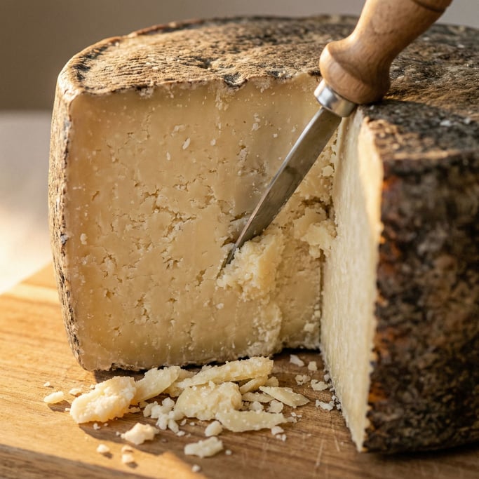 Close-up of Pecorino Romano wheel cross-section showing the dense granular paste and dark natural ri
