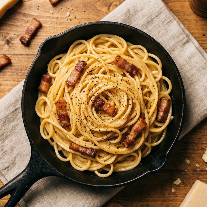 A small cast-iron skillet of carbonara — spaghetti coated in a glossy egg-and-cheese sauce with cris
