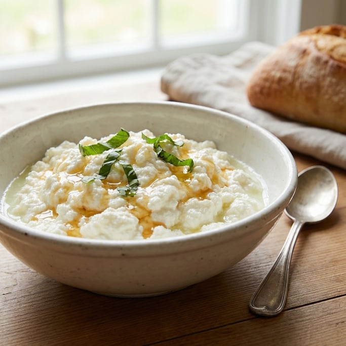 Fresh ricotta in a ceramic bowl, the curds soft and pillowy with visible whey still glistening