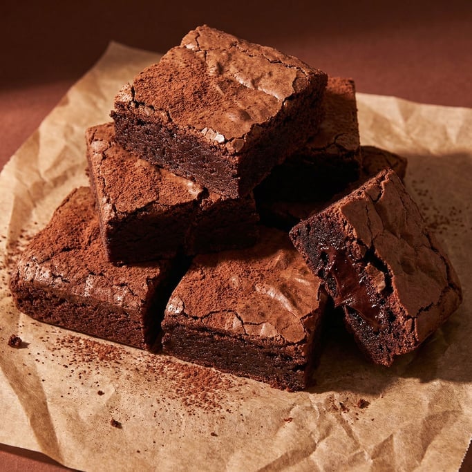Brownies cut into squares stacked on parchment paper