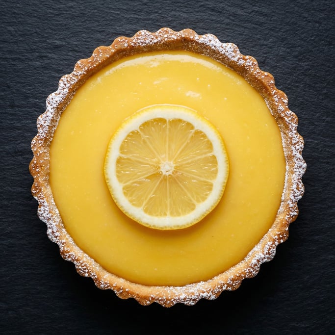 Overhead view of a lemon tart — the smooth bright-yellow curd filling in a fluted pastry shell