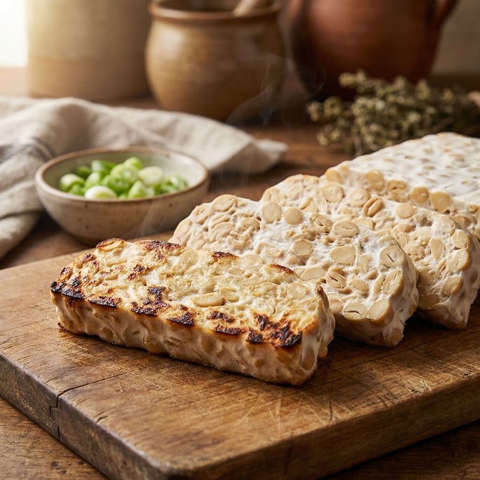 Tempeh sliced on a wooden cutting board
