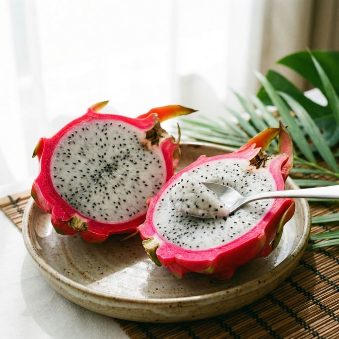 Dragonfruit cut in half on a ceramic plate