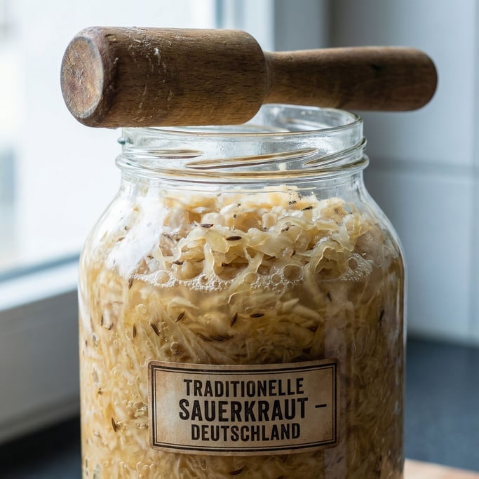 Sauerkraut in a glass jar packed tight