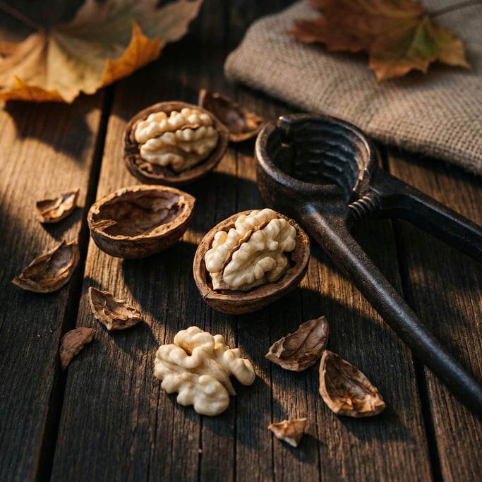 Walnuts cracked open on a dark surface, the brain-shaped kernels pale against the dark shells