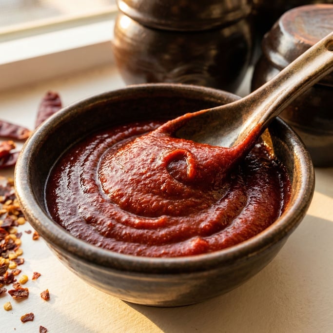 A small bowl of gochujang — the Korean fermented chili paste a deep brick-red with a glossy surface