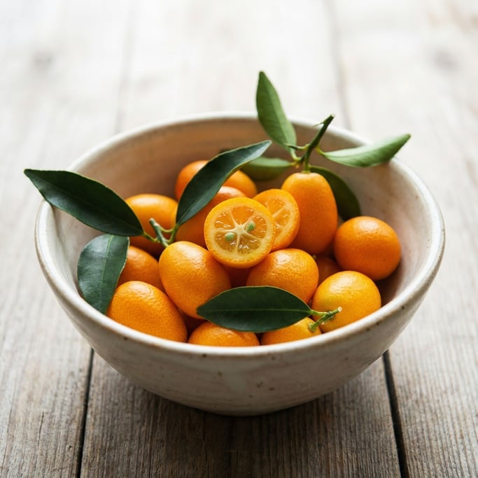 Kumquats in a small ceramic bowl