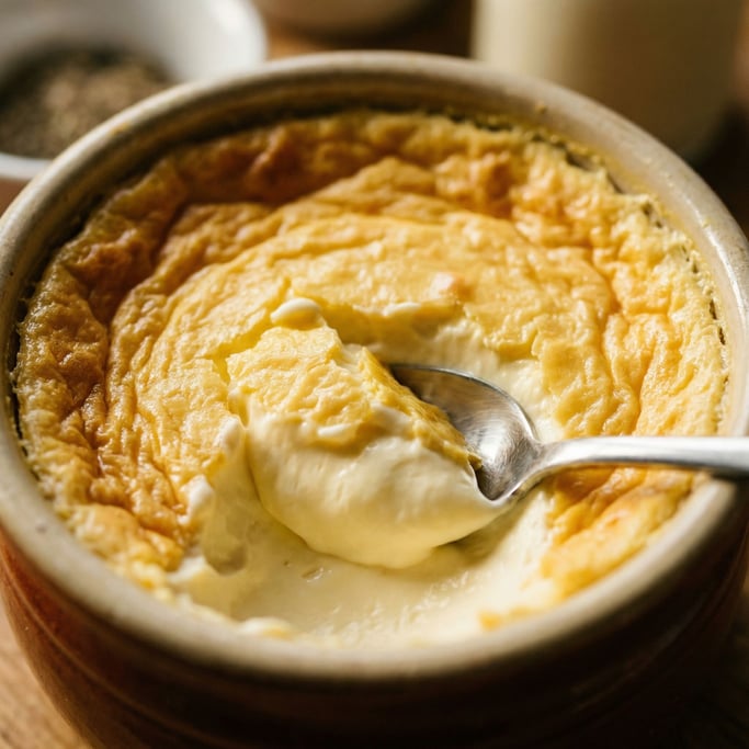 Close-up of clotted cream in a ceramic pot, the thick golden crust on top crinkled and rich