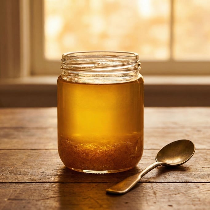 Ghee in a glass jar, the clarified butter a translucent golden liquid with granular sediment settled