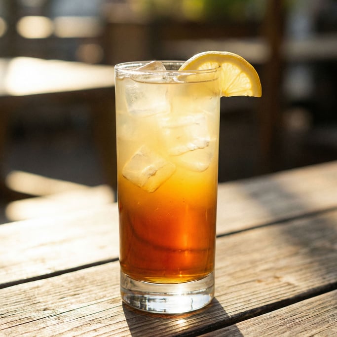 An Arnold Palmer in a tall glass — half iced tea and half lemonade meeting in a gradient from amber