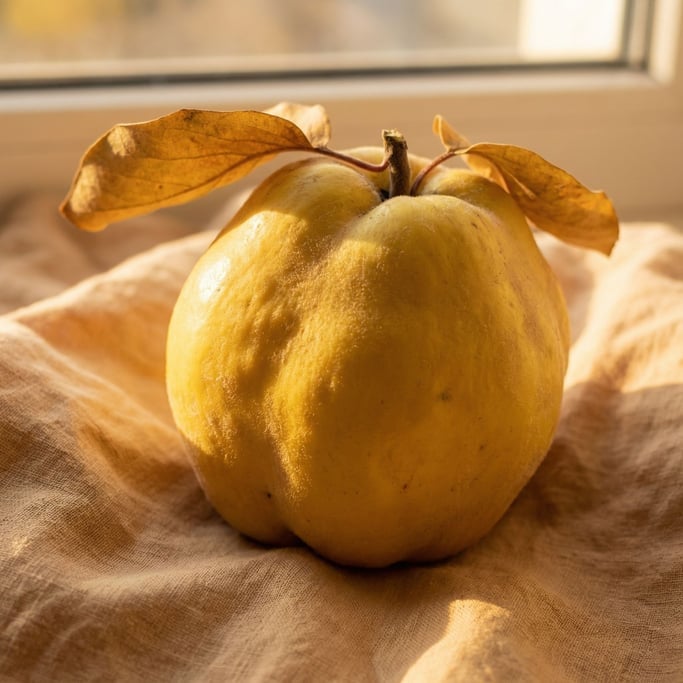 Quince fruit whole on a linen cloth, the golden-yellow skin slightly fuzzy like a pear