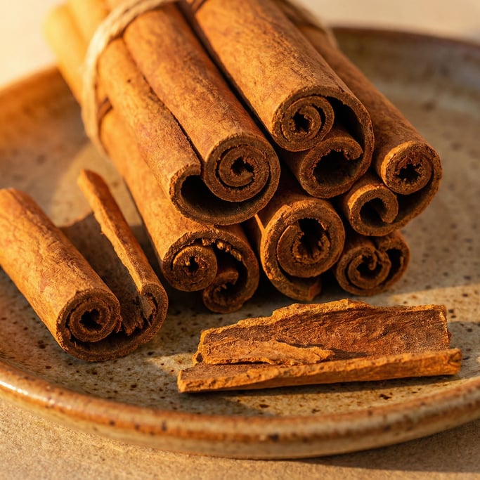 Cinnamon sticks bundled together on a ceramic plate