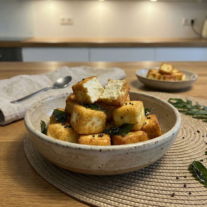 Paneer cubes golden-fried in a small ceramic bowl