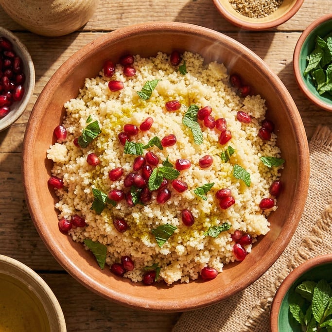 Couscous in a terracotta bowl, the tiny semolina granules fluffy and steaming