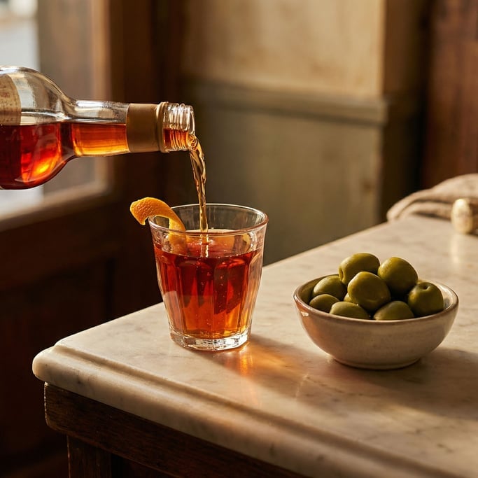 Vermouth poured into a small stemmed glass, the amber-red liquid catching warm sidelight