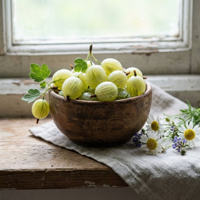 Gooseberries in a small wooden bowl