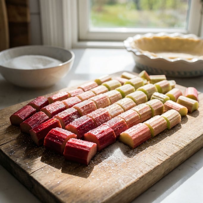 Rhubarb stalks cut into segments on a cutting board