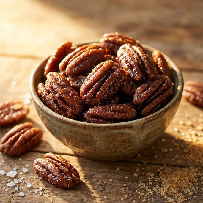 Candied pecans in a small ceramic dish