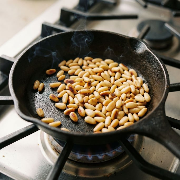 Pine nuts toasted golden in a small dry skillet, the tiny ivory seeds turning amber at the edges